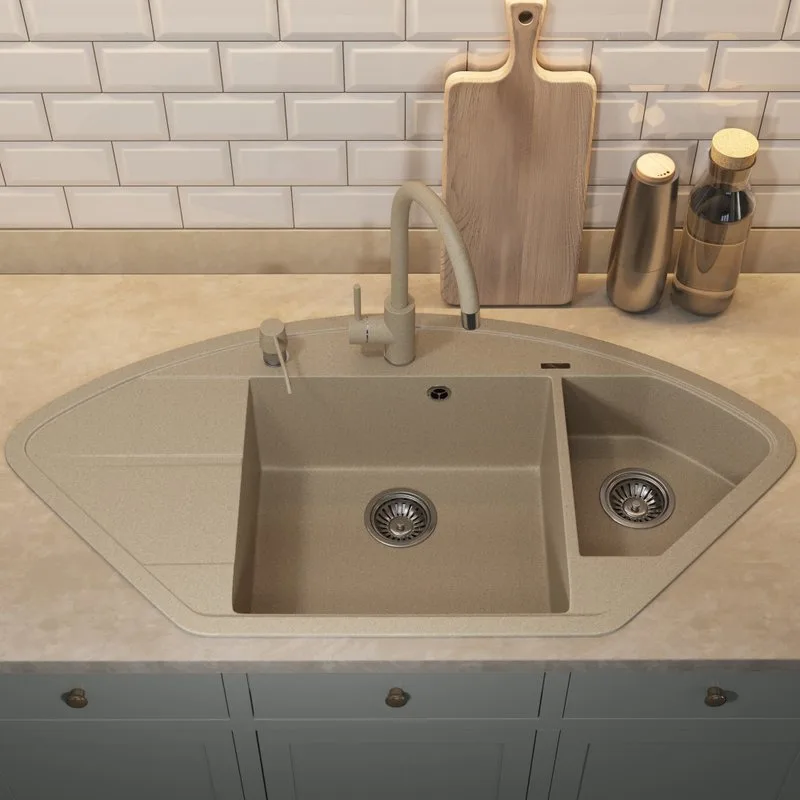Кухонная мойка кварцевая Uperwood Quartz UPD-06-02, угловая двухсекционная, бежевая Sancos — официальный сайт