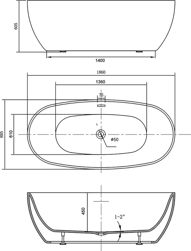 Акриловая ванна Vincea VBT-405-1860 185x90 см, отдельностоящая, белая, овальная, на ножках, со сливо Sancos — официальный сайт