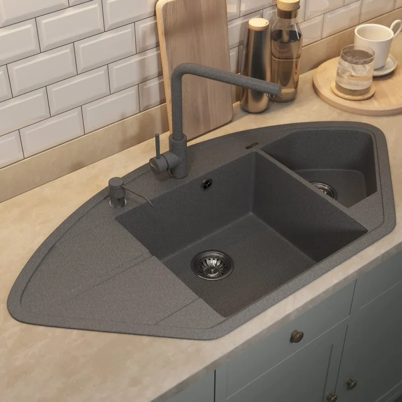 Кухонная мойка кварцевая Uperwood Quartz UPD-06-03, угловая двухсекционная, серая Sancos — официальный сайт