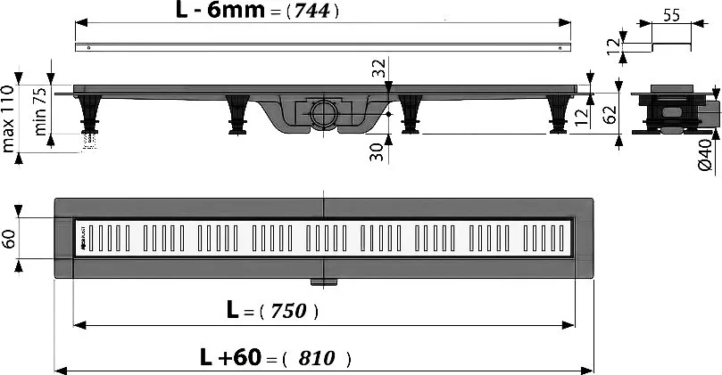 Душевой трап (лоток) AlcaPlast APZ10-Simple APZ10-Simple 750, с решеткой и опорами Sancos — официальный сайт