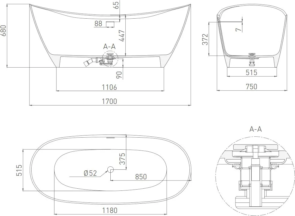Ванна из искусственного камня Salini Noemi 170x75 см, отдельностоящая, матовая белая, овальная, со с Sancos — официальный сайт