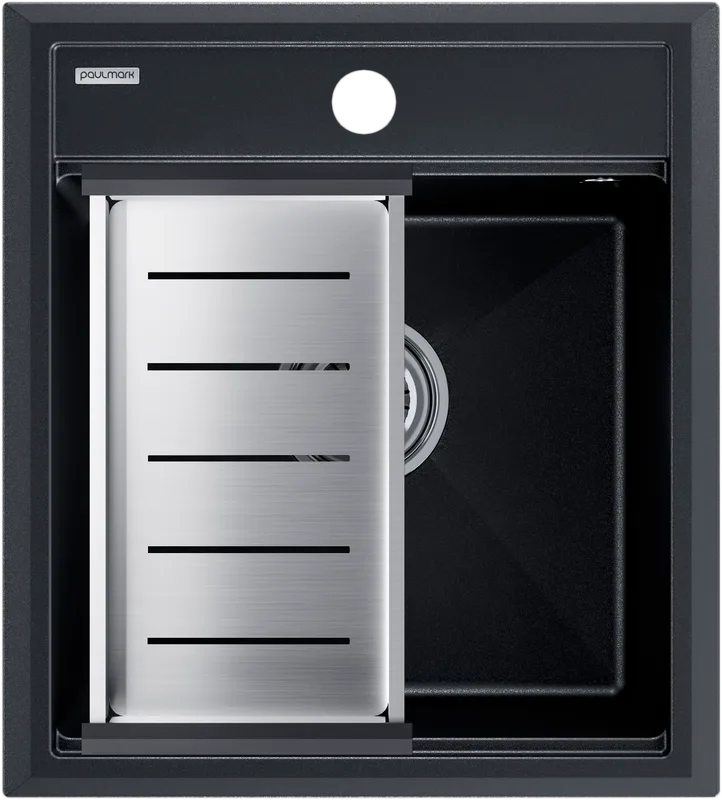 Мойка кухонная Paulmark Stepia PM114651-BLM+A375-BS с коландером, черный металлик Sancos — официальный сайт