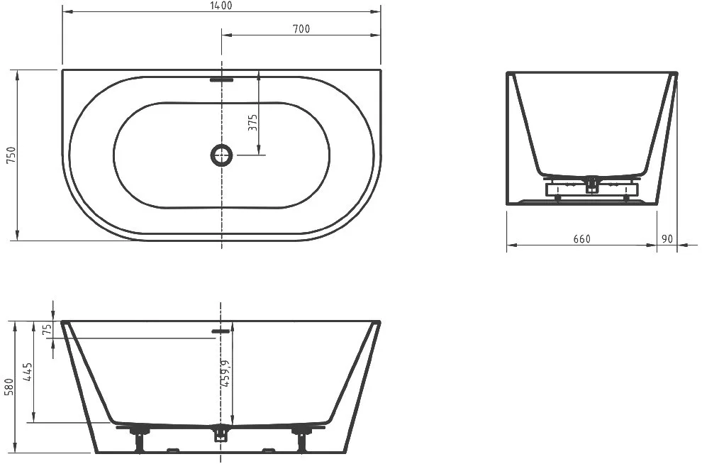 Акриловая ванна BelBagno BB710-1400-750 140x75 см, пристенная, белая, овальная, со сливом-переливом Sancos — официальный сайт