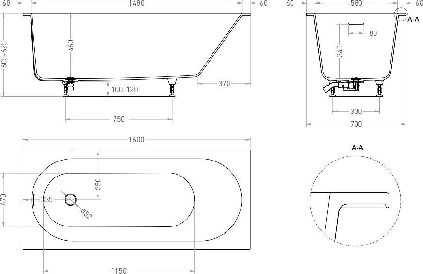 Ванна из искусственного камня Salini Ornella Kit S-Sense 160x70 см, встраиваемая, белая, на ножках,  Sancos — официальный сайт