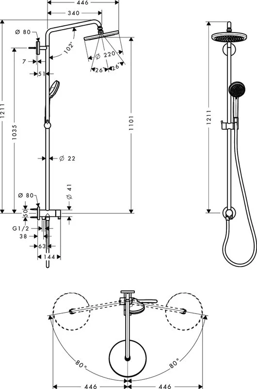 Душевая стойка Hansgrohe Croma 220 Showerpipe Reno 27224000 Sancos — официальный сайт
