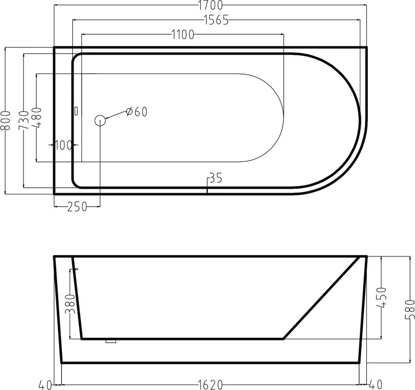 Акриловая ванна Esbano Afina R 170x80 см, правая, отдельностоящая, белая, асимметричная, со сливом-п Sancos — официальный сайт