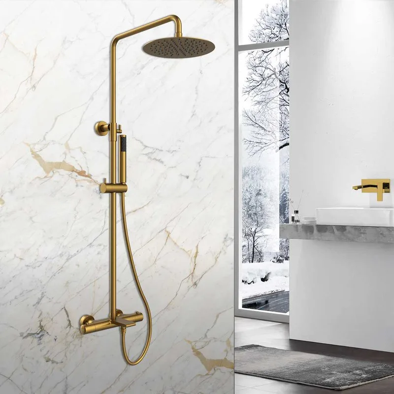 Душевая стойка Vincea Vogue VSFS-1V1TBG, с термостатом, брашированное золото Sancos — официальный сайт