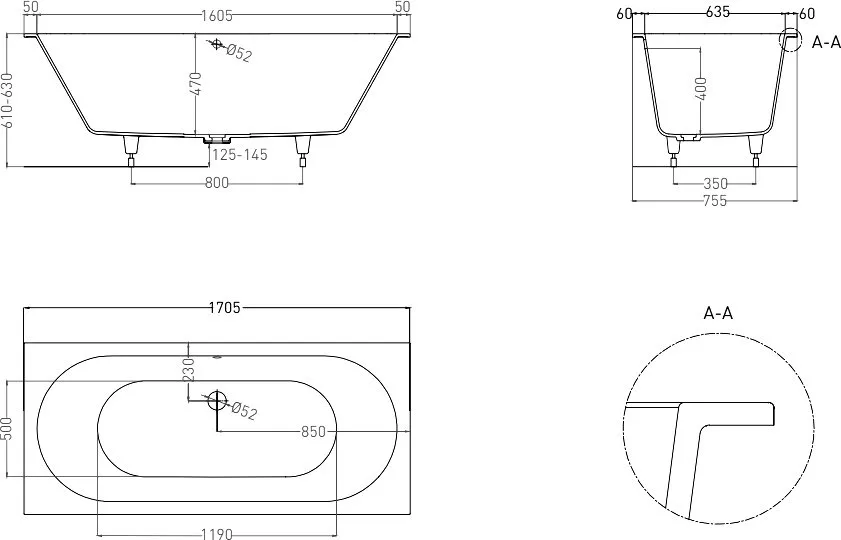 Ванна из искусственного камня Salini Ornella Axis S-Sense 170x75 см, встраиваемая, матовая белая, на Sancos — официальный сайт