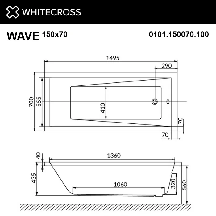 Акриловая ванна WHITECROSS Wave 150x70 см, пристенная, белая Sancos — официальный сайт