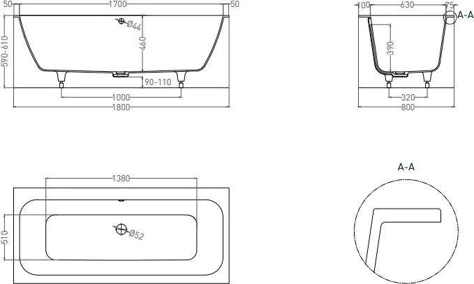 Ванна из искусственного камня Salini Orlanda Axis S-Stone 180x80 см, встраиваемая, матовая белая, на Sancos — официальный сайт