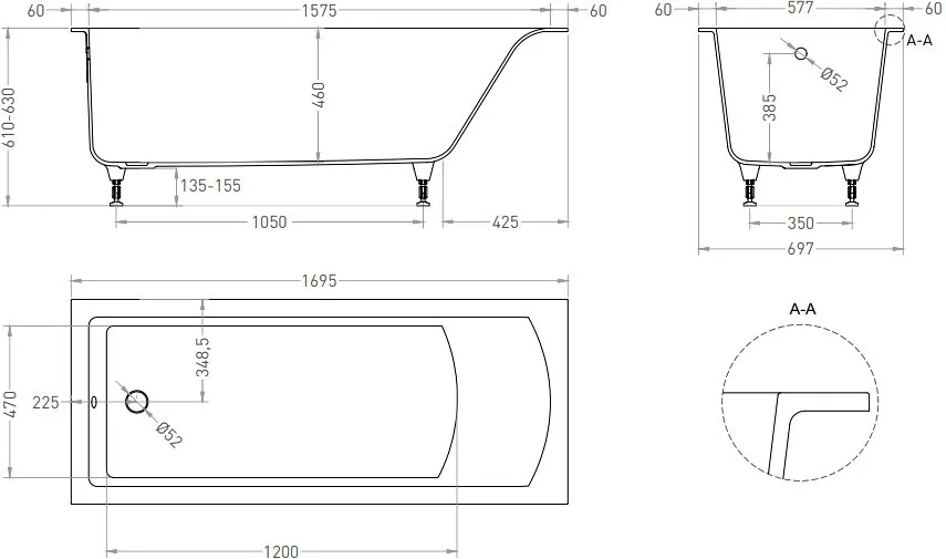Ванна из искусственного камня Salini Cascata S-Stone 170x70 см, встраиваемая, матовая белая, на ножк Sancos — официальный сайт