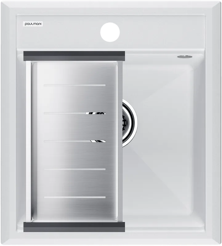 Мойка кухонная Paulmark Stepia PM114651-WH+A375-BS с коландером, белая Sancos — официальный сайт