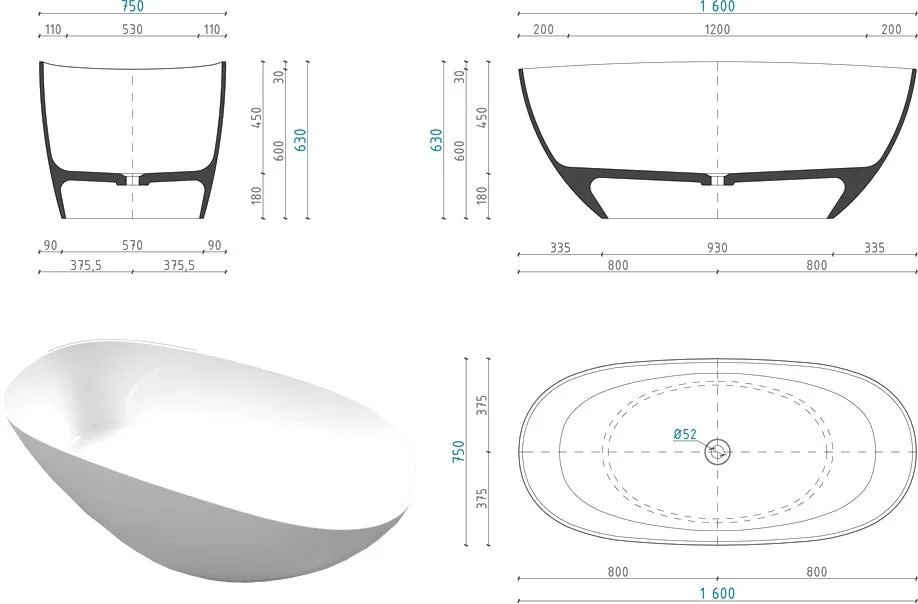 Ванна из искусственного камня WHITECROSS Onyx A 160x75 см, отдельностоящая, белая, овальная, с донны Sancos — официальный сайт