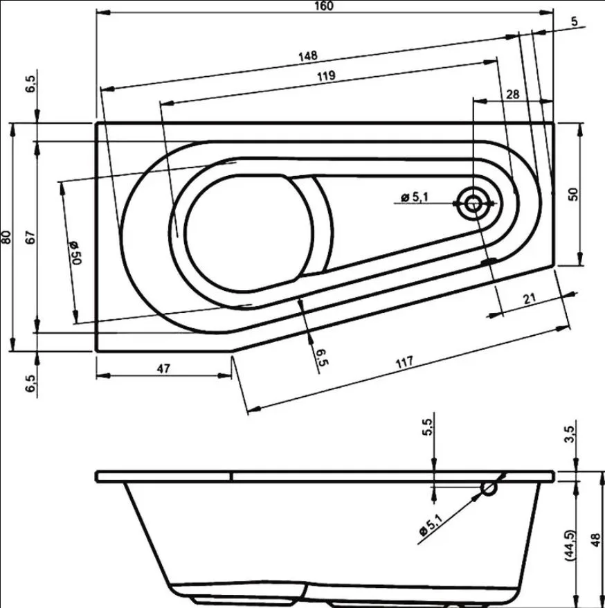 Акриловая ванна Riho Delta B068001005 R без опоры 160x80 см, угловая, правая, пристенная, белая Sancos — официальный сайт