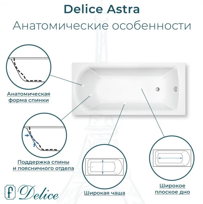 Ванна из литьевого мрамора Delice Astra 150х70 см, пристенная, с черными ручками