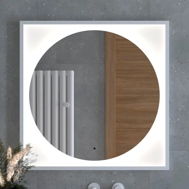 Зеркало Defesto Eclipse DF 2228R 80х80 белая рама, с LED-подсветкой, 4500К, инфракрасный выключатель