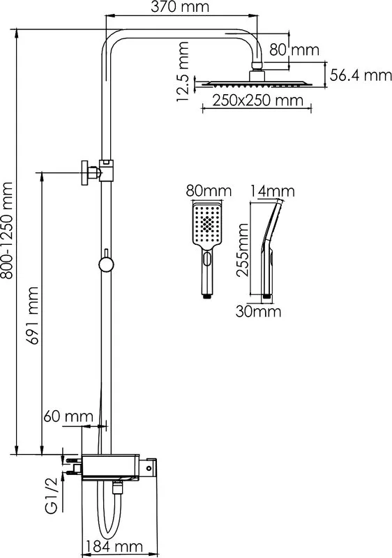 Душевая стойка Wasserkraft Abens 2000 A114.255.130.CB Thermo, с термостатом, черная Sancos — официальный сайт