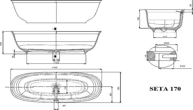 Ванна из искусственного камня Plumberia Selection Seta 170x75 см, отдельностоящая, матовая белая, ов Sancos — официальный сайт
