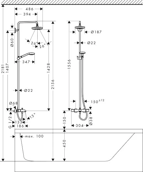 Душевая стойка Hansgrohe Croma 2jet Select S 180, 27351400 Sancos — официальный сайт