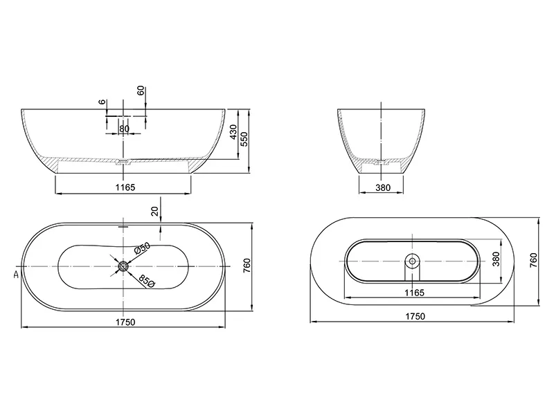 Ванна из искусственного камня Uni-Flo Oval 175x76 см, отдельностоящая белая глянцевая Sancos — официальный сайт