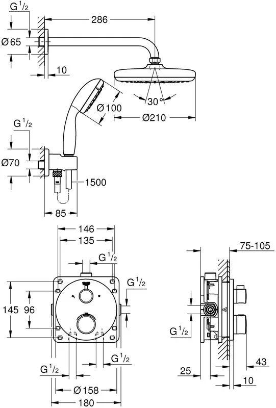 Душевой комплект Grohe Grohtherm 34727000, С ВНУТРЕННЕЙ ЧАСТЬЮ Sancos — официальный сайт