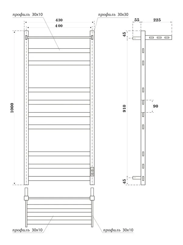 Полотенцесушитель электрический APEXTERMO Терра TR01104BM 100x45 см, подключение справа, слева, скры
