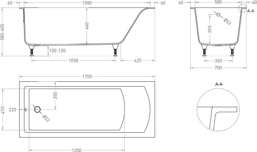 Ванна из искусственного камня Salini Cascata S-Sense 170x70 см, встраиваемая, белая, на ножках Sancos — официальный сайт