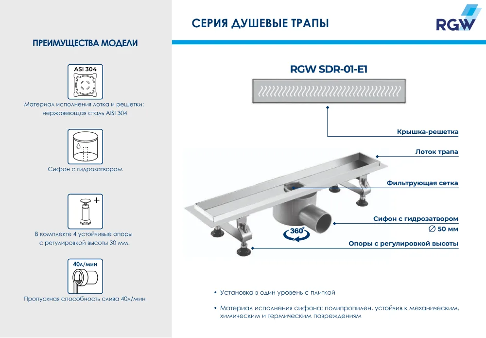 Душевой трап (лоток) RGW Shower Drain SDR-01-80-E1 80 см, с решеткой и опорами Sancos — официальный сайт