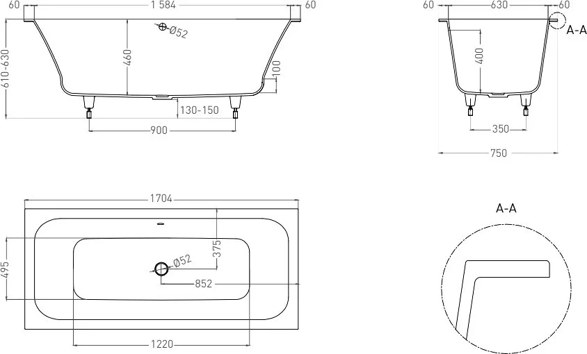 Ванна из искусственного камня Salini Orlanda Axis S-Sense 170x75 см, встраиваемая, матовая белая, на Sancos — официальный сайт
