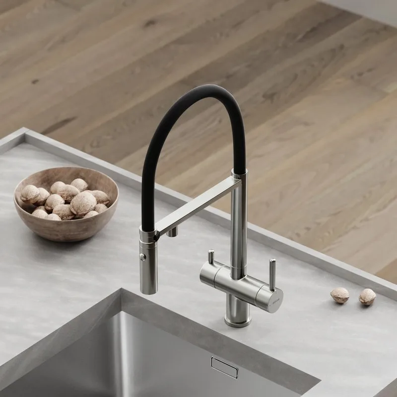 Смеситель для кухни гибкий с фильтром для питьевой воды SC4010BNbh, брашированный никель, черный Sancos — официальный сайт