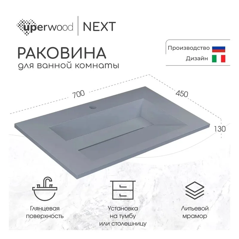 Мебельная раковина Uperwood Next Premium 70 глянцевая серая Sancos — официальный сайт