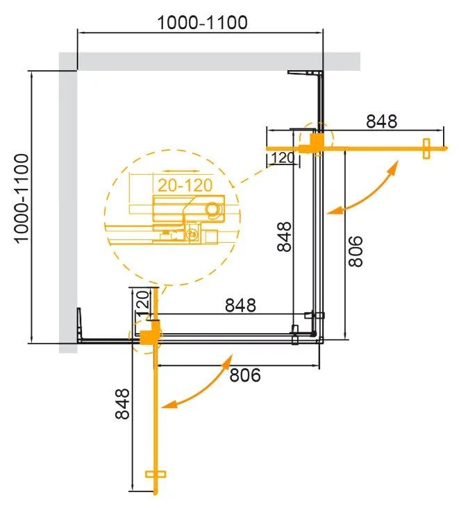 Душевой уголок Cezares Slider A 2 100/110 C BORO профиль брашированное золото, стекло прозрачное Sancos — официальный сайт