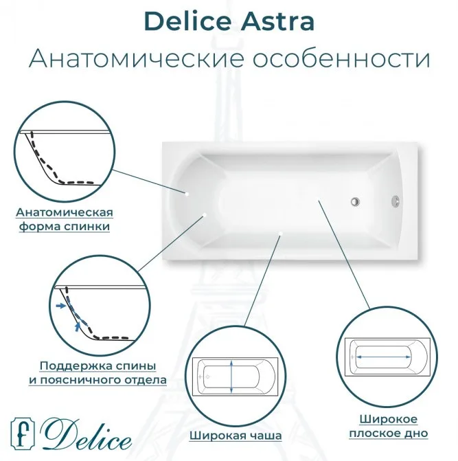 Ванна из литьевого мрамора Delice Astra 150х70 см, пристенная, с ручками хром