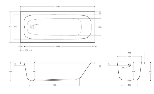 Акриловая ванна Cezares Eco 170-75-41-W37 без опоры 170x75 см, пристенная, белая Sancos — официальный сайт
