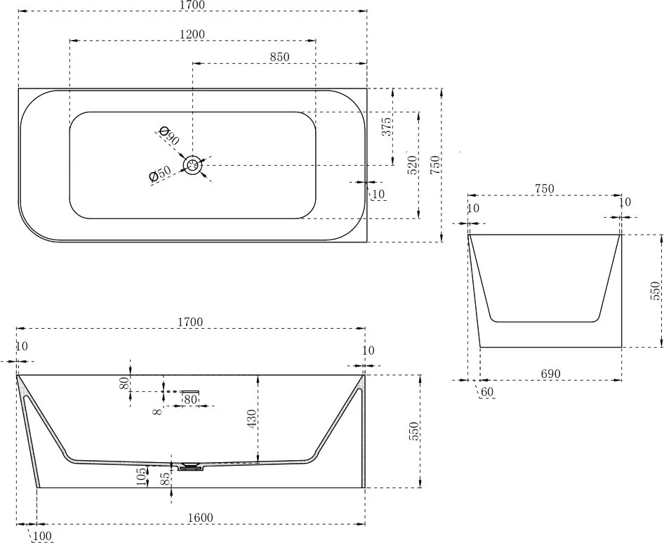 Ванна из искусственного камня Abber Stein AS9621-1.7 R 170x75 см, правая, пристенная, матовая белая, Sancos — официальный сайт
