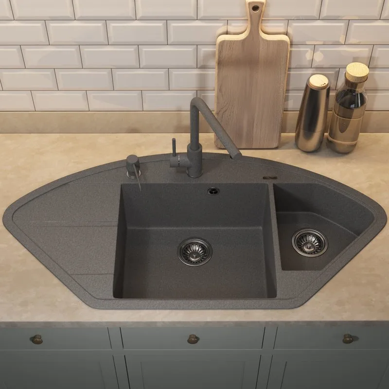 Кухонная мойка кварцевая Uperwood Quartz UPD-06-03, угловая двухсекционная, серая Sancos — официальный сайт