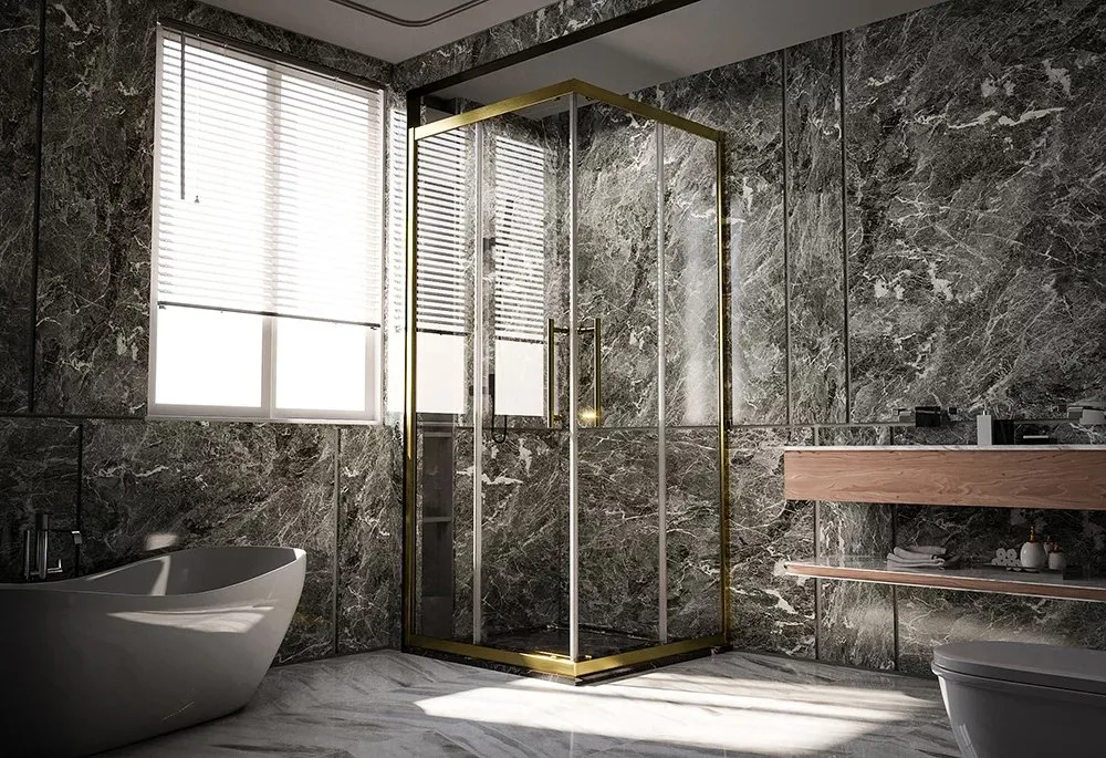 Душевой уголок Veconi Premium Trento PTC-20G 100x80, профиль брашированное золото, стекло прозрачное Sancos — официальный сайт
