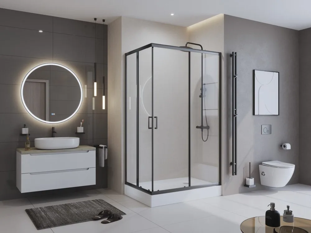 Душевой уголок BelBagno Uno -195 AH 2 100/80 C Nero профиль черный, стекло прозрачное Sancos — официальный сайт