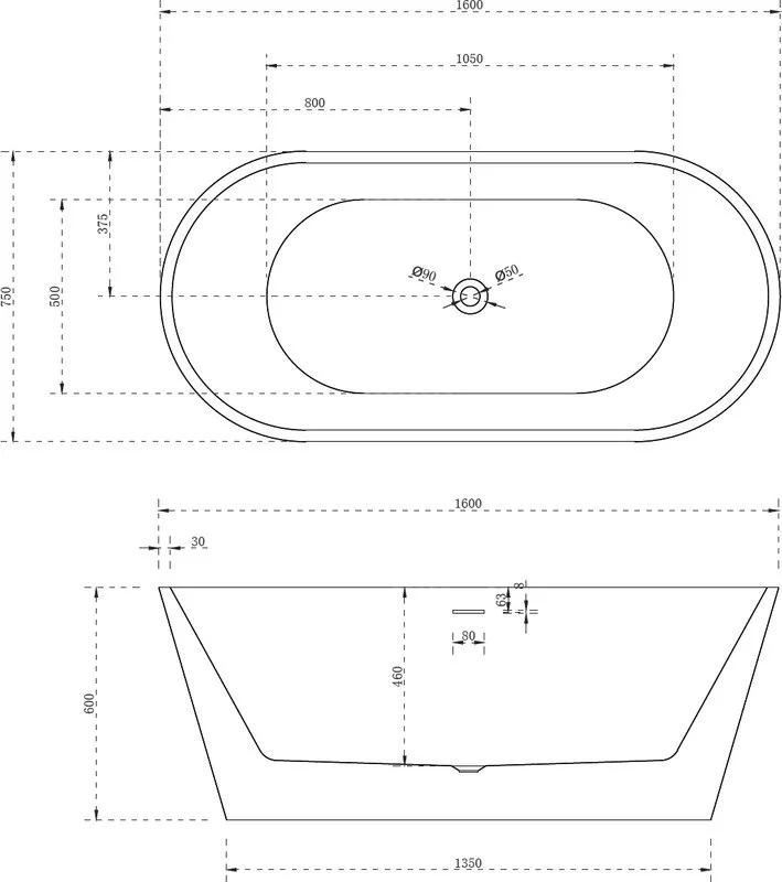 Акриловая ванна Abber AB9320-1.6 160x75 см, отдельностоящая, белая, овальная, с каркасом, со сливом- Sancos — официальный сайт