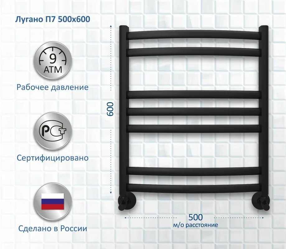 Полотенцесушитель водяной AQUATEK Лугано П7 50x60, черный муар Sancos — официальный сайт