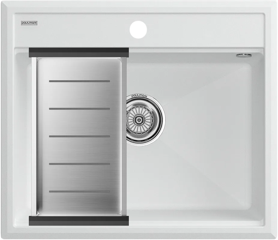 Мойка кухонная Paulmark Stepia PM115951-WH+A375-BS с коландером, белая Sancos — официальный сайт