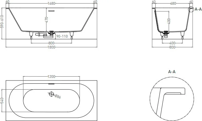 Ванна из искусственного камня Salini Ornella Axis Kit S-Sense 180x80 см, встраиваемая, белая, на нож Sancos — официальный сайт