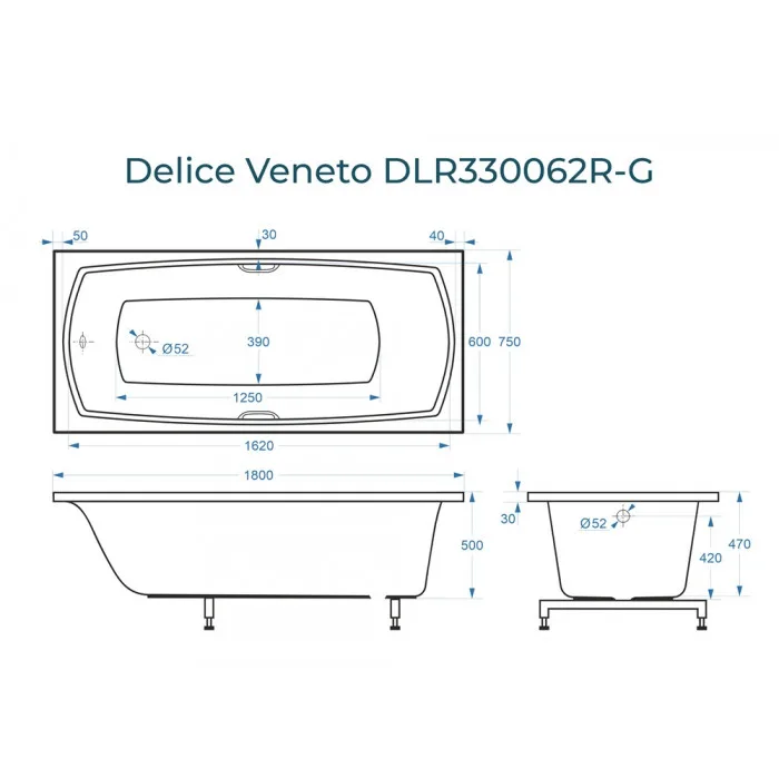 Ванна из литьевого мрамора Delice Veneto 180х75 см, пристенная с ручками хром