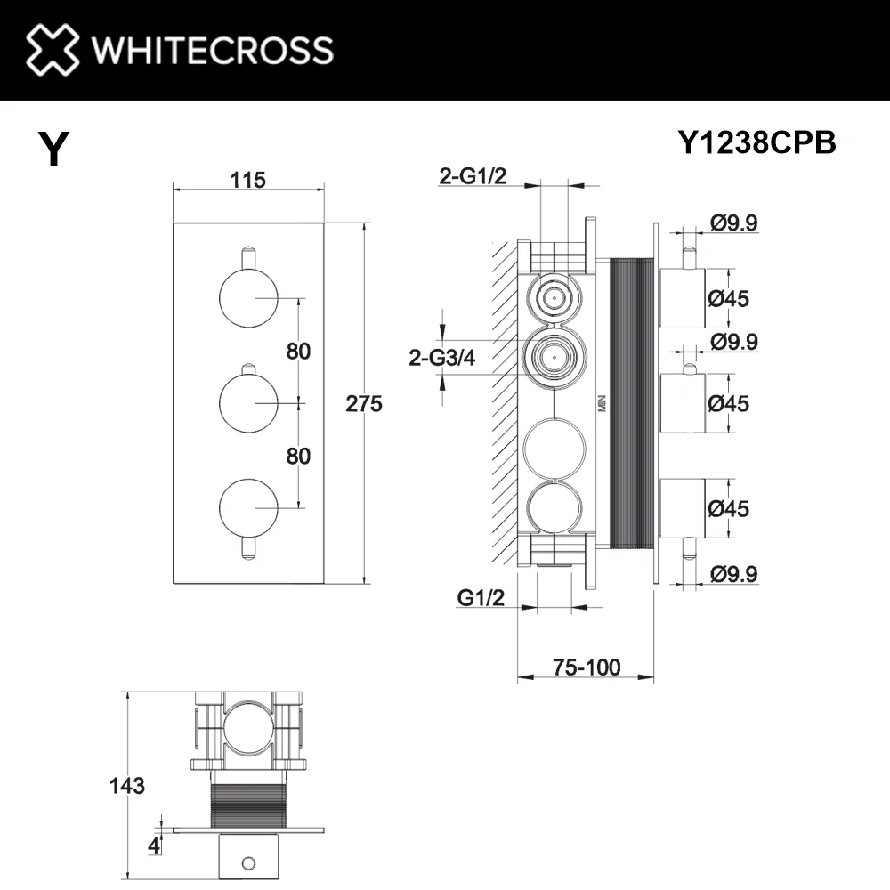 Термостатический смеситель встраиваемый WHITECROSS Y Y1238CPB С ВНУТРЕННЕЙ ЧАСТЬЮ, для ванны с душем Sancos — официальный сайт