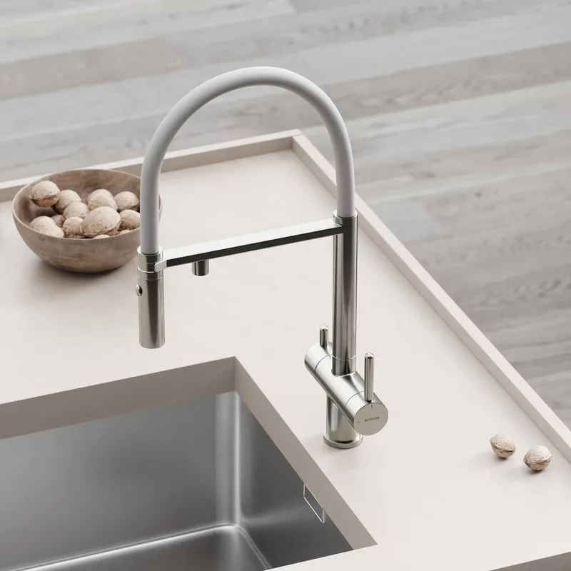 Смеситель для кухни гибкий с фильтром для питьевой воды SC4010BNwh, брашированный никель, матовый бе Sancos — официальный сайт