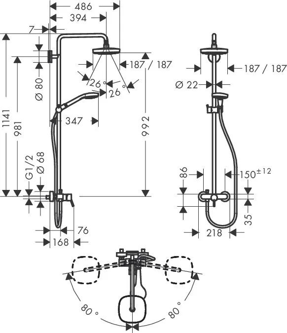 Душевая стойка Hansgrohe Croma 2jet Select E 180, с однорычажным смесителем Sancos — официальный сайт