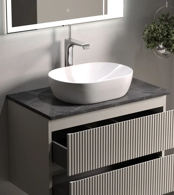 Тумба с раковиной Sancos Snob R 80 см, beige soft, столешница черный мрамор, раковина CN5010 Sancos — официальный сайт