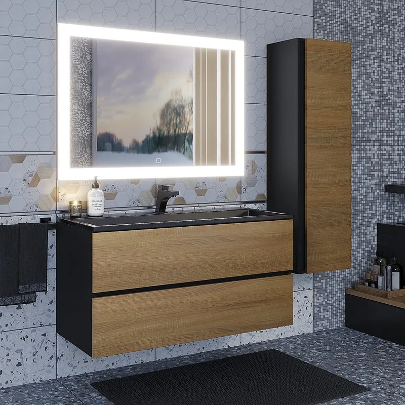 Тумба под раковину без столешницы Uperwood Barsa 100 подвесная, черная, дуб сонома Sancos — официальный сайт
