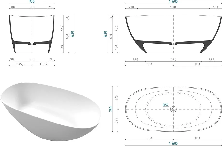 Ванна из искусственного камня WHITECROSS Onyx A 160x75 см, отдельностоящая, матовая белая, овальная, Sancos — официальный сайт