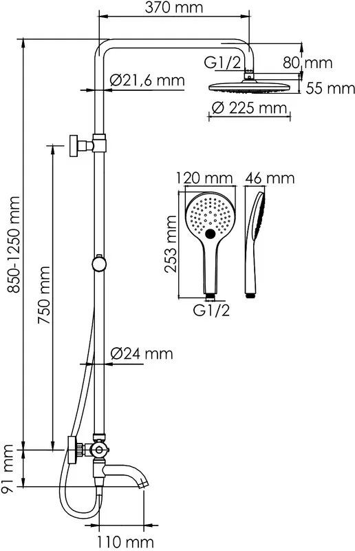 Душевая стойка Wasserkraft Elbe 7400 A288.077.078.BM Thermo, с термостатом, черная Sancos — официальный сайт